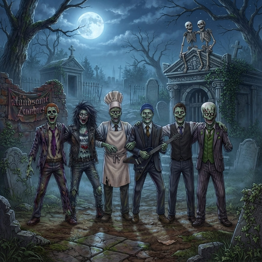 The Handsome Zombies – Gruppenfoto auf dem Friedhof
